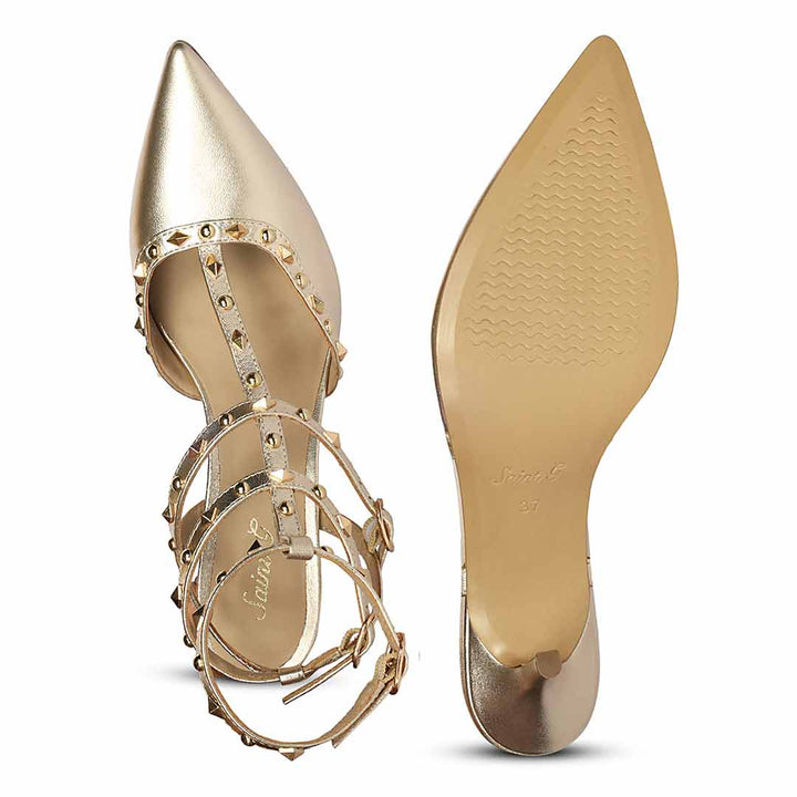 Saint Brittany studded cage gold leather stiletto pumps with caged upper design, sole view