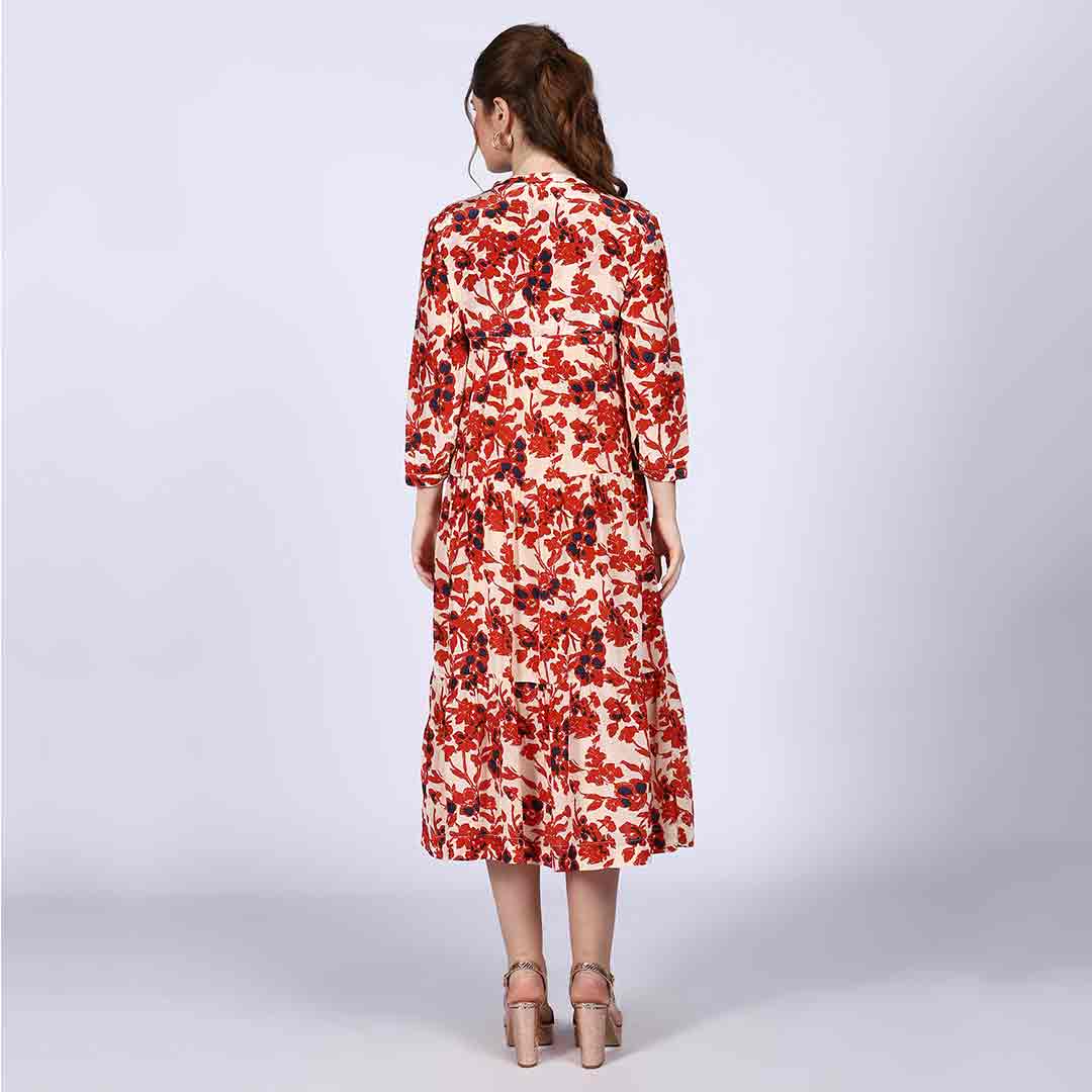 Women's ivory red floral midi dress by Saint Brunella, back view.