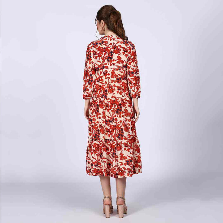Women's ivory red floral midi dress by Saint Brunella, back view.