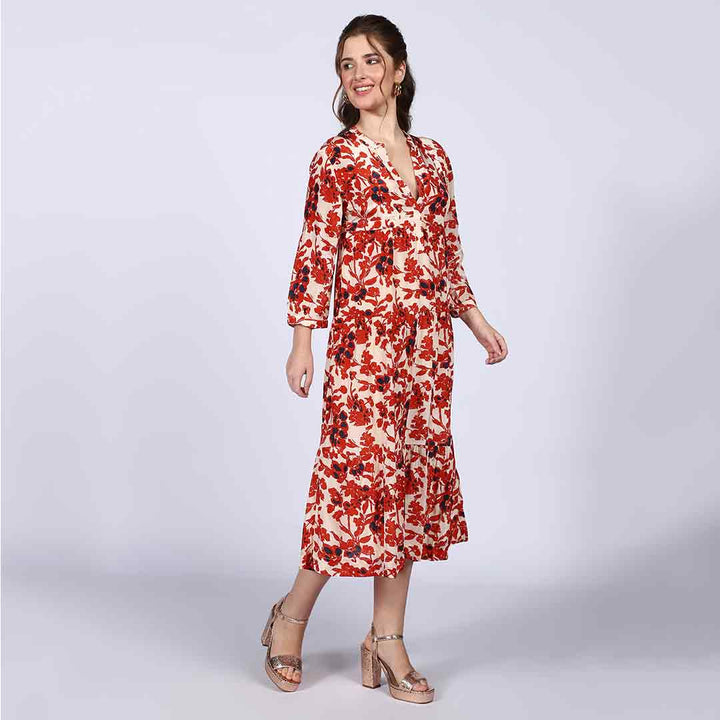 Saint Brunella ivory red floral midi dress for women UK, three-quarter front view.