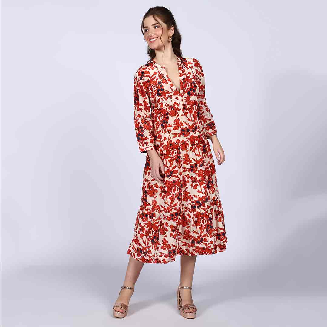 Saint Brunella ivory red floral midi dress for women UK, front view with tiered hem.