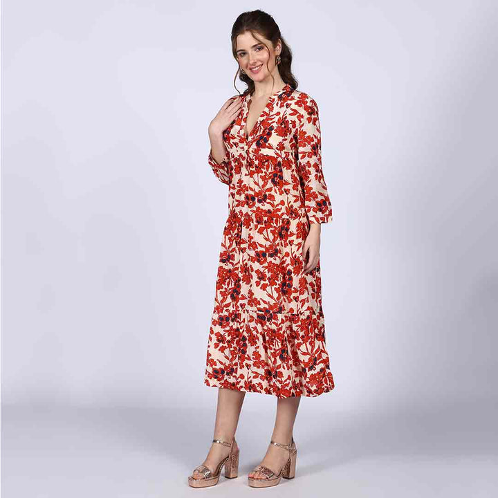 Saint Brunella ivory red floral midi dress for women UK, side view showing calf-length hem.