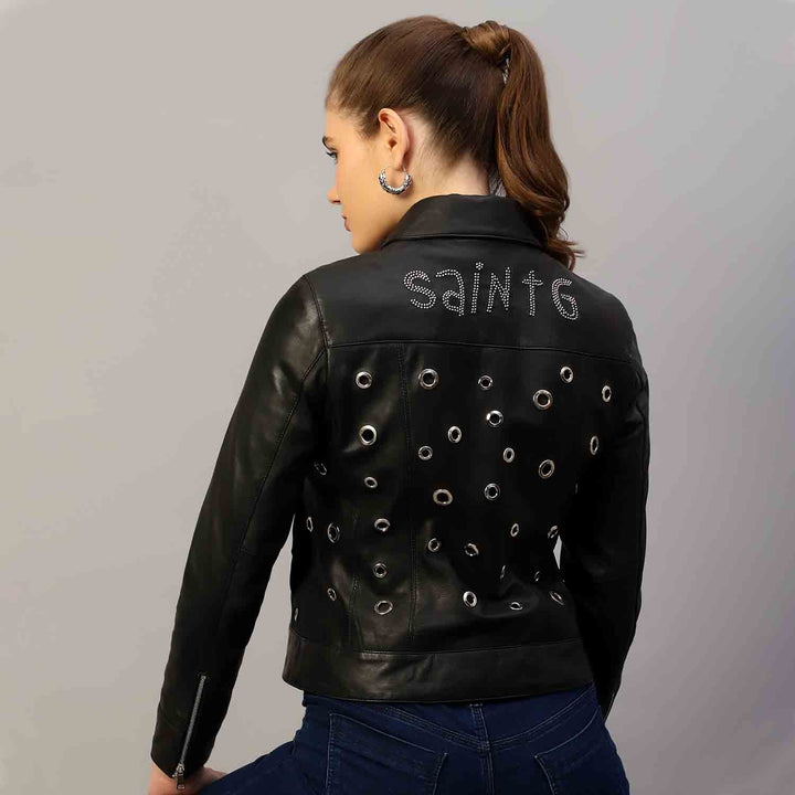 Saint Bryony black leather jacket UK, back view showing 'SAINTG' crystal branding and eyelet detail