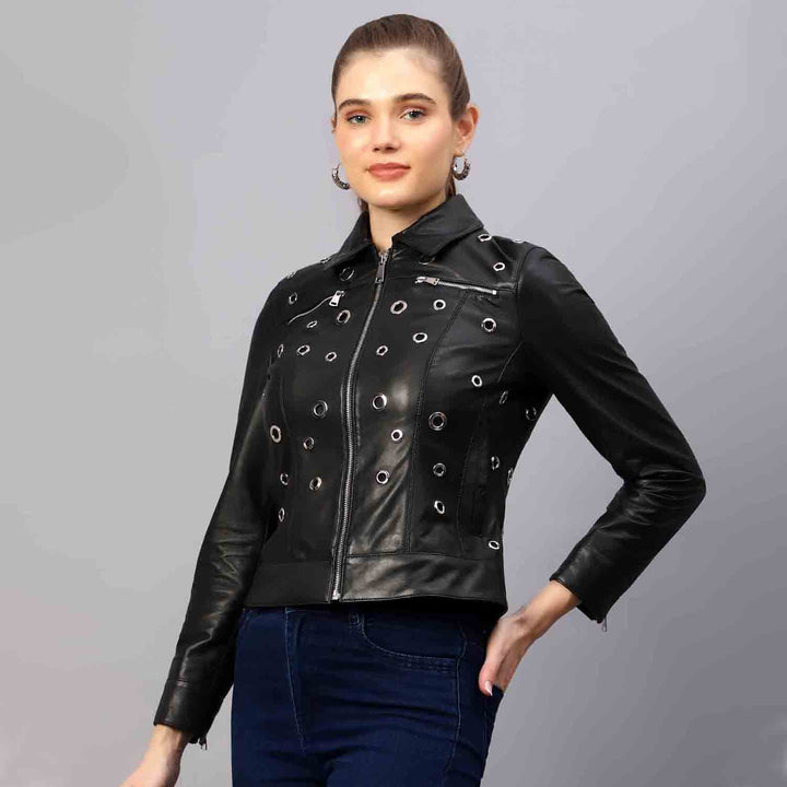 Saint Bryony black leather jacket for women UK, front view with scattered eyelet detailing