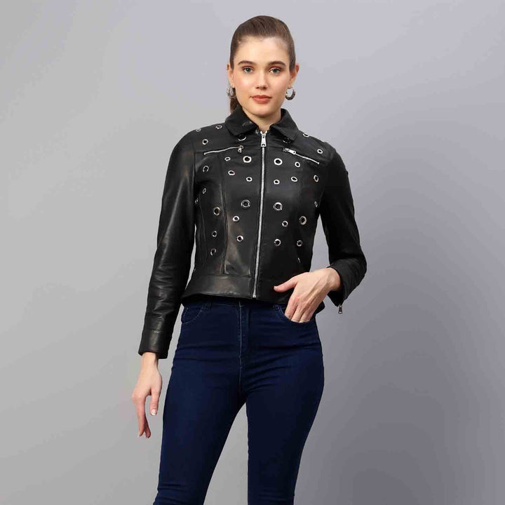 Black leather jacket for women UK, side view showing point collar and eyelet grommets