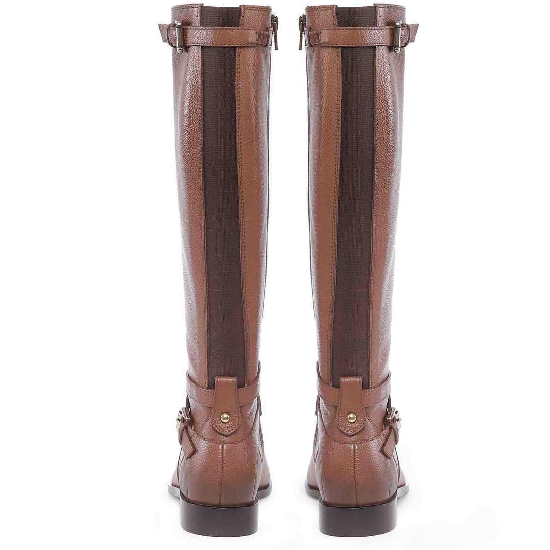 Women's tan leather knee high boots, back pair view showing buckle straps