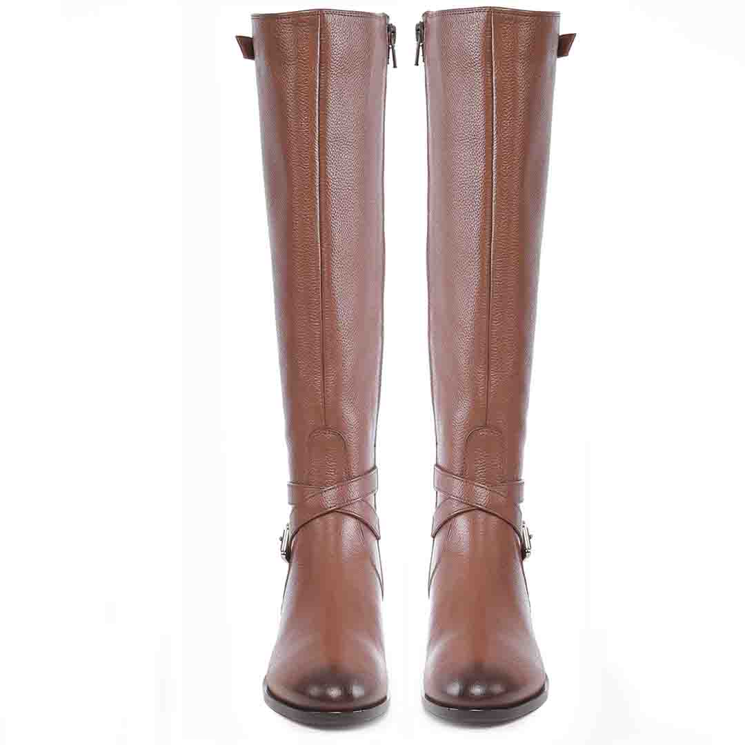 Saint Cara tan knee high boots, front pair view of crossover strap