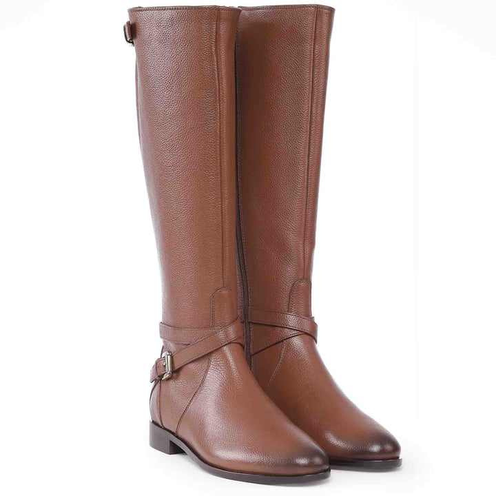Tan leather knee high boots for women UK, pair view showing buckle strap detail