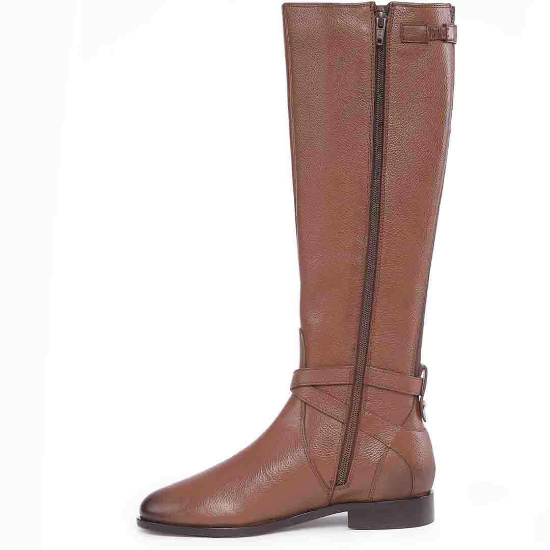 Saint Cara tan knee high boots, alternate side view of zip and buckle