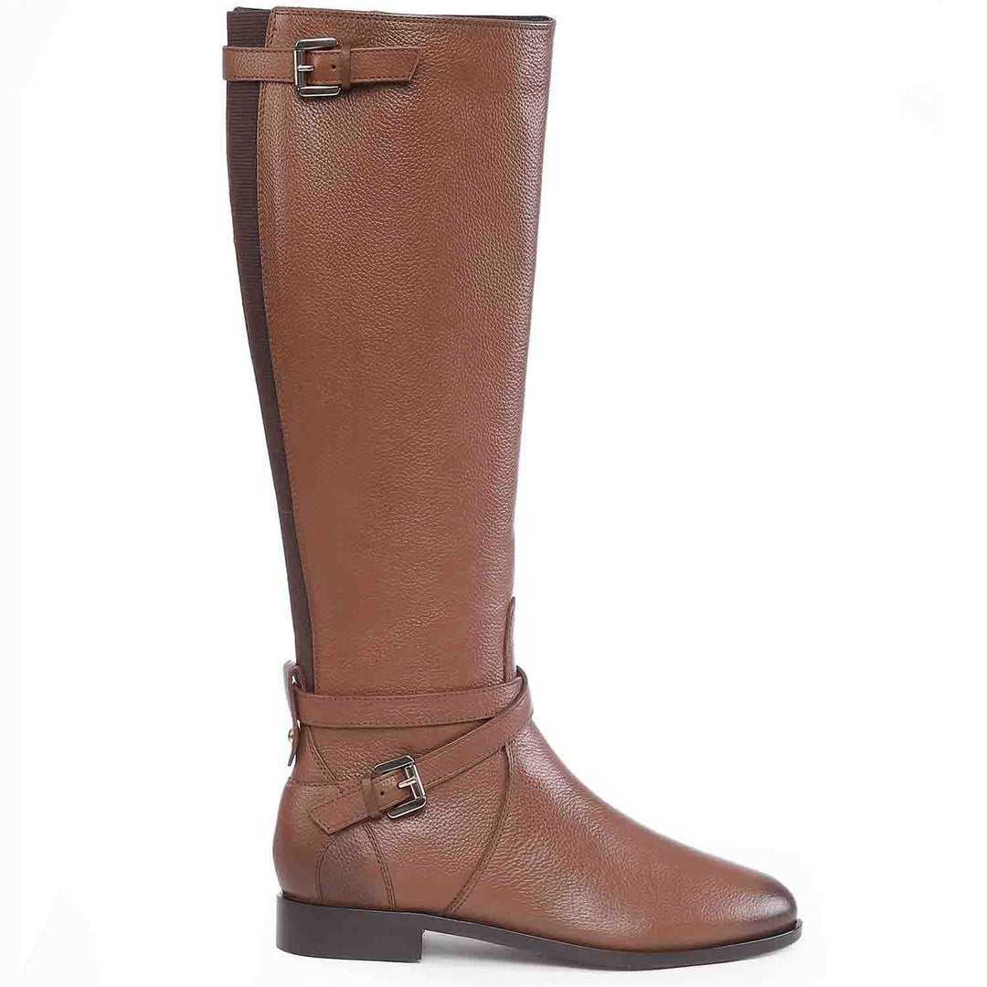 Saint Cara tan leather knee high boots for women, side view of crossover buckle strap