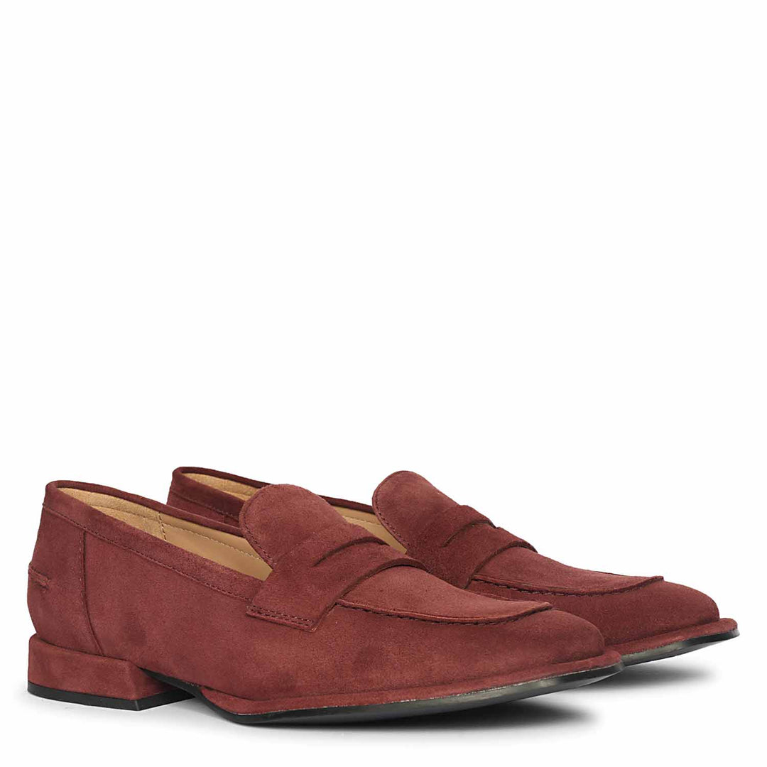 Ladies burgundy suede saddle loafers UK, Saint Carla pair angled view