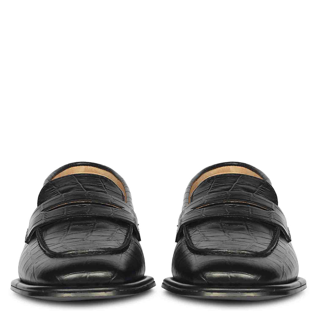 Women's croco embossed black leather loafers UK, Saint Carla front pair view
