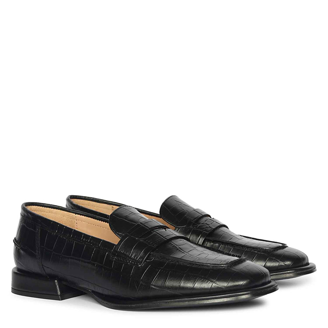 Ladies croco embossed black leather penny loafers UK, Saint Carla pair angled view