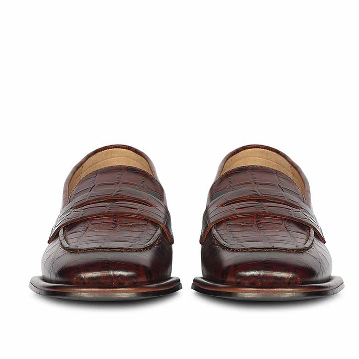 Saint Carla croco embossed chocolate leather loafers UK, front pair view
