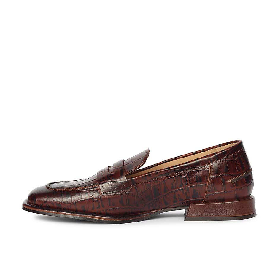 Women's croco embossed chocolate leather loafers UK, alternate side view