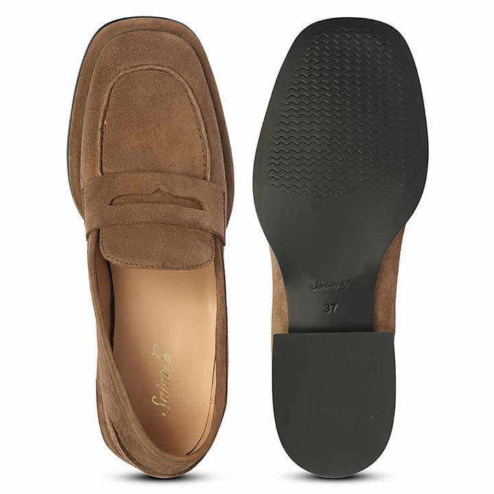 Saint Carla taupe suede loafers UK, interior and sole view