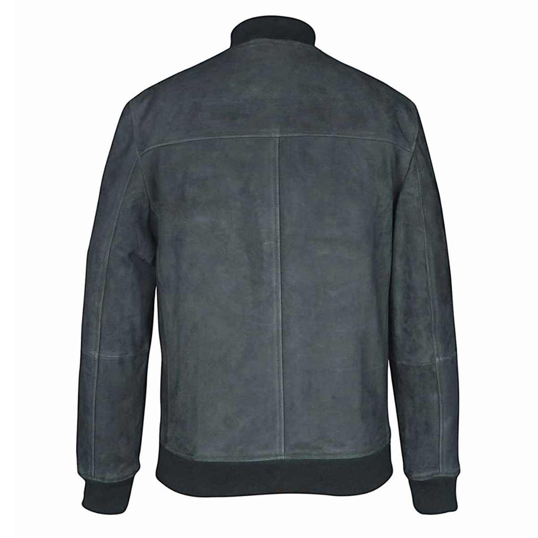 Back view of a dark green suede bomber jacket.