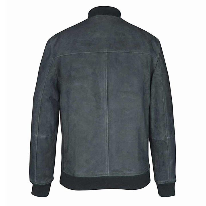 Back view of a dark green suede bomber jacket.