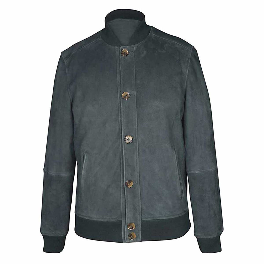 Dark green suede bomber jacket with a ribbed collar and cuffs, shown on a plain background.