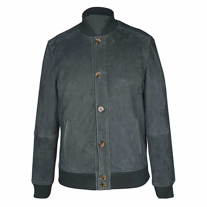 Dark green suede bomber jacket with a ribbed collar and cuffs, shown on a plain background.