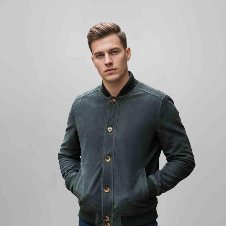 Man wearing a buttoned dark green suede bomber jacket.