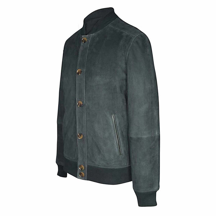 Close-up side view of a dark green suede bomber jacket's button front.