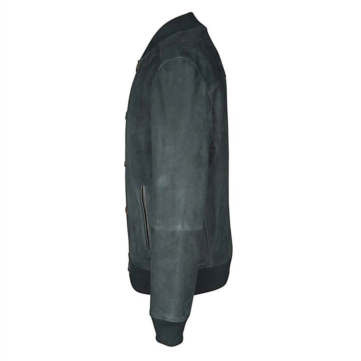 Side profile of a dark green suede bomber jacket.