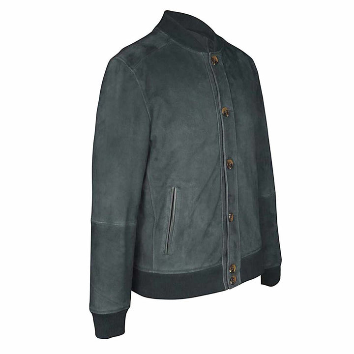 Side view of a dark green suede bomber jacket.
