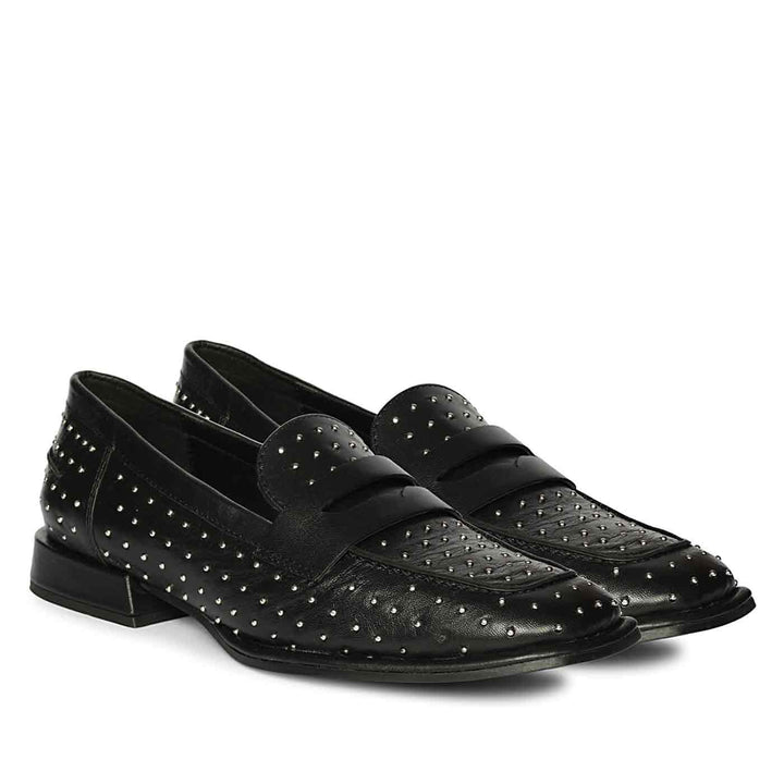Ladies Saint Carol studded black leather moccasins, angled pair view with all-over studs — best Women's shoes UK
