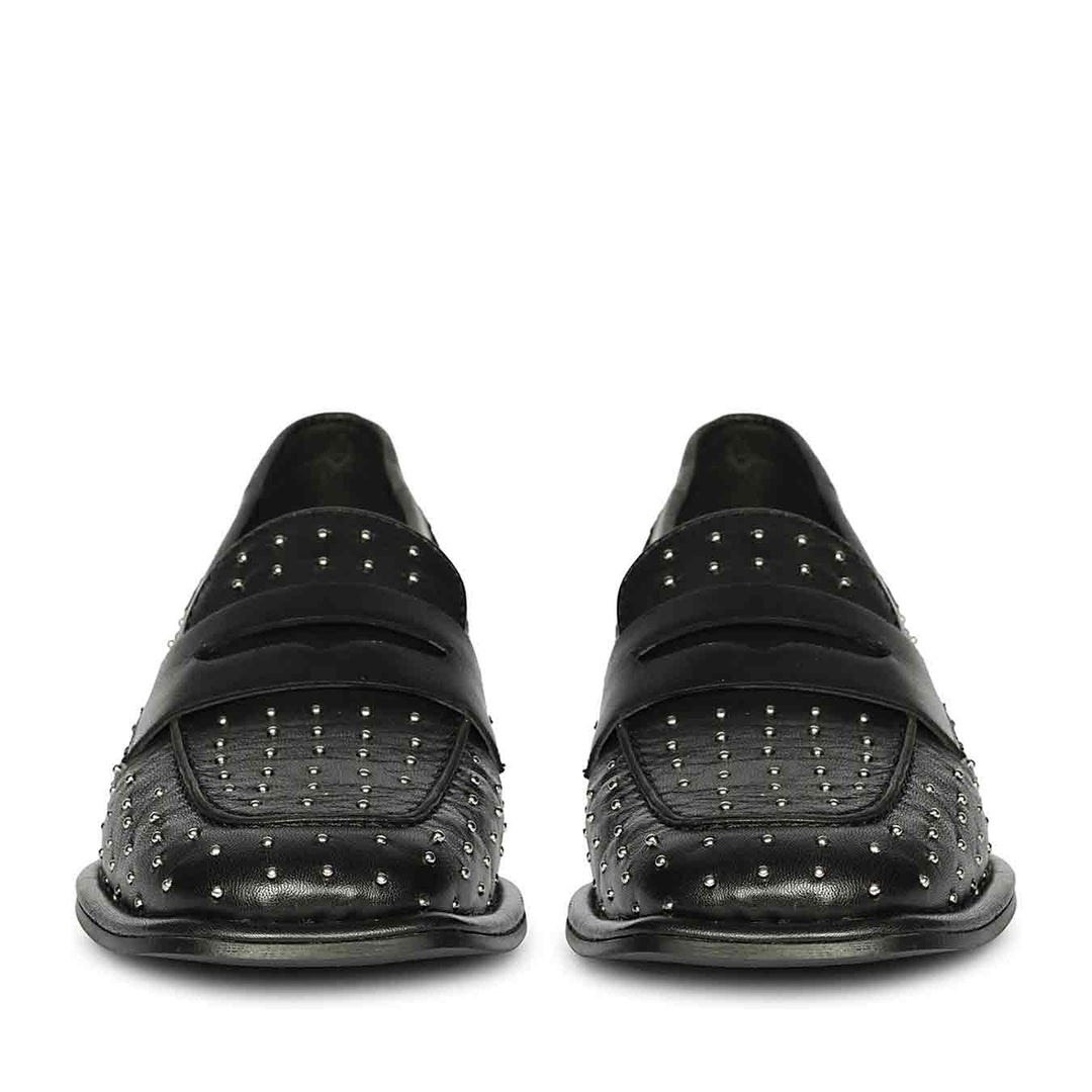 Best Ladies Saint Carol studded black leather moccasins, front pair view — Women's shoes UK