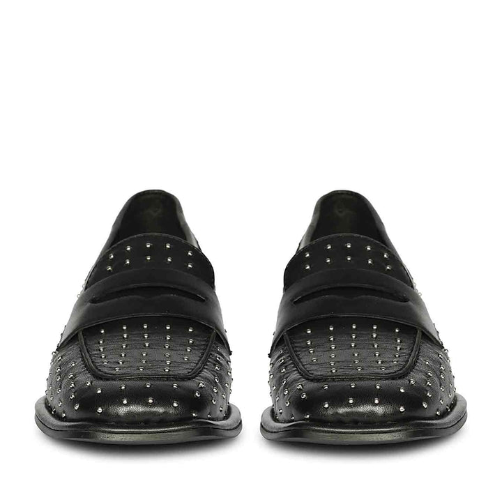 Best Ladies Saint Carol studded black leather moccasins, front pair view — Women's shoes UK