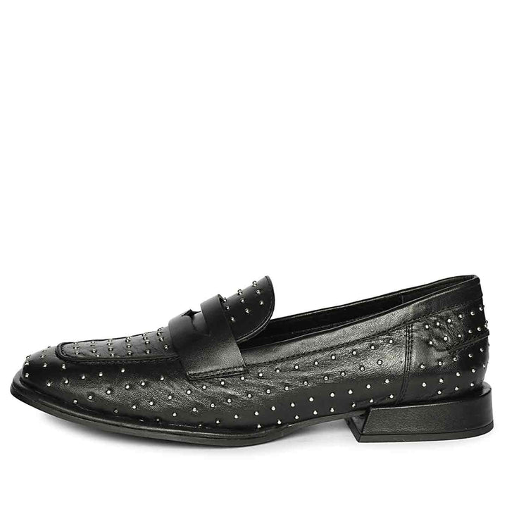 Women's Saint Carol studded black leather moccasins, alternate side view — best Ladies shoes UK