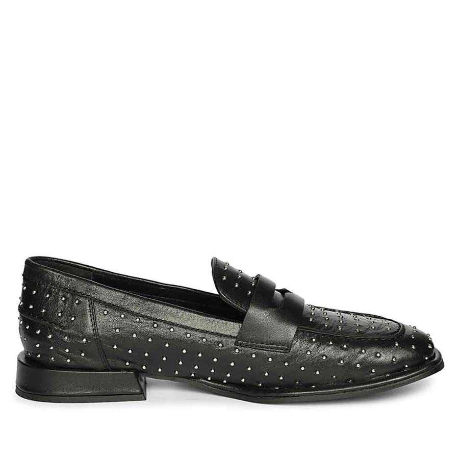 Best Saint Carol studded black leather moccasins, side profile view — Women's flat loafer shoes UK
