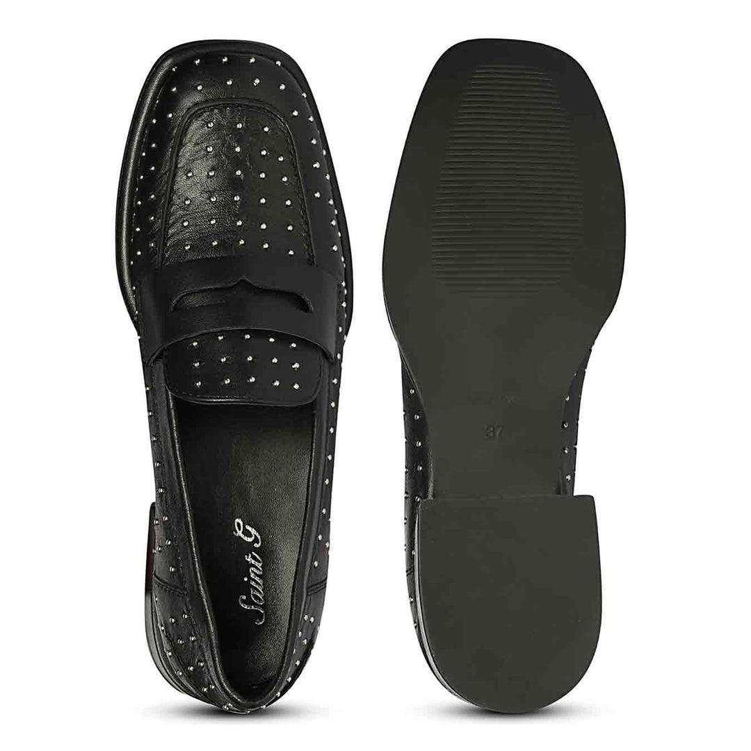 Ladies Women's Saint Carol studded black leather moccasins, sole and top view — best shoes UK