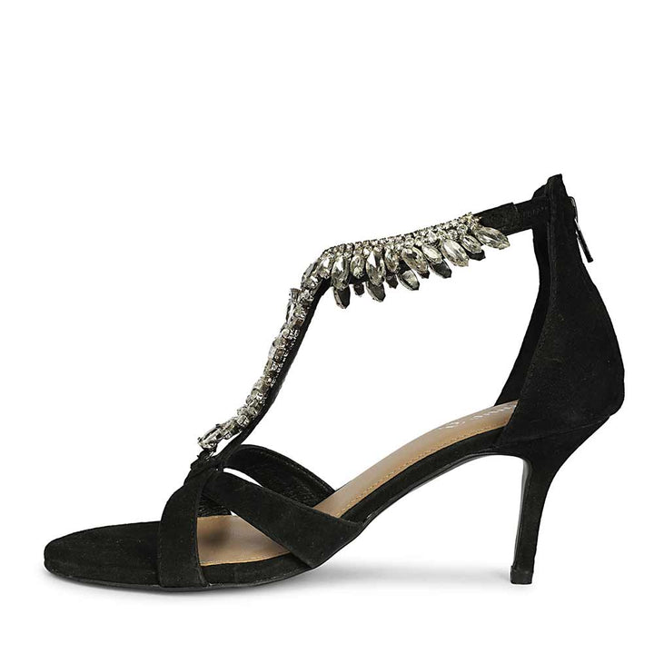 Saint Celestia Stone Embellished Black Leather Stilettos, angled view