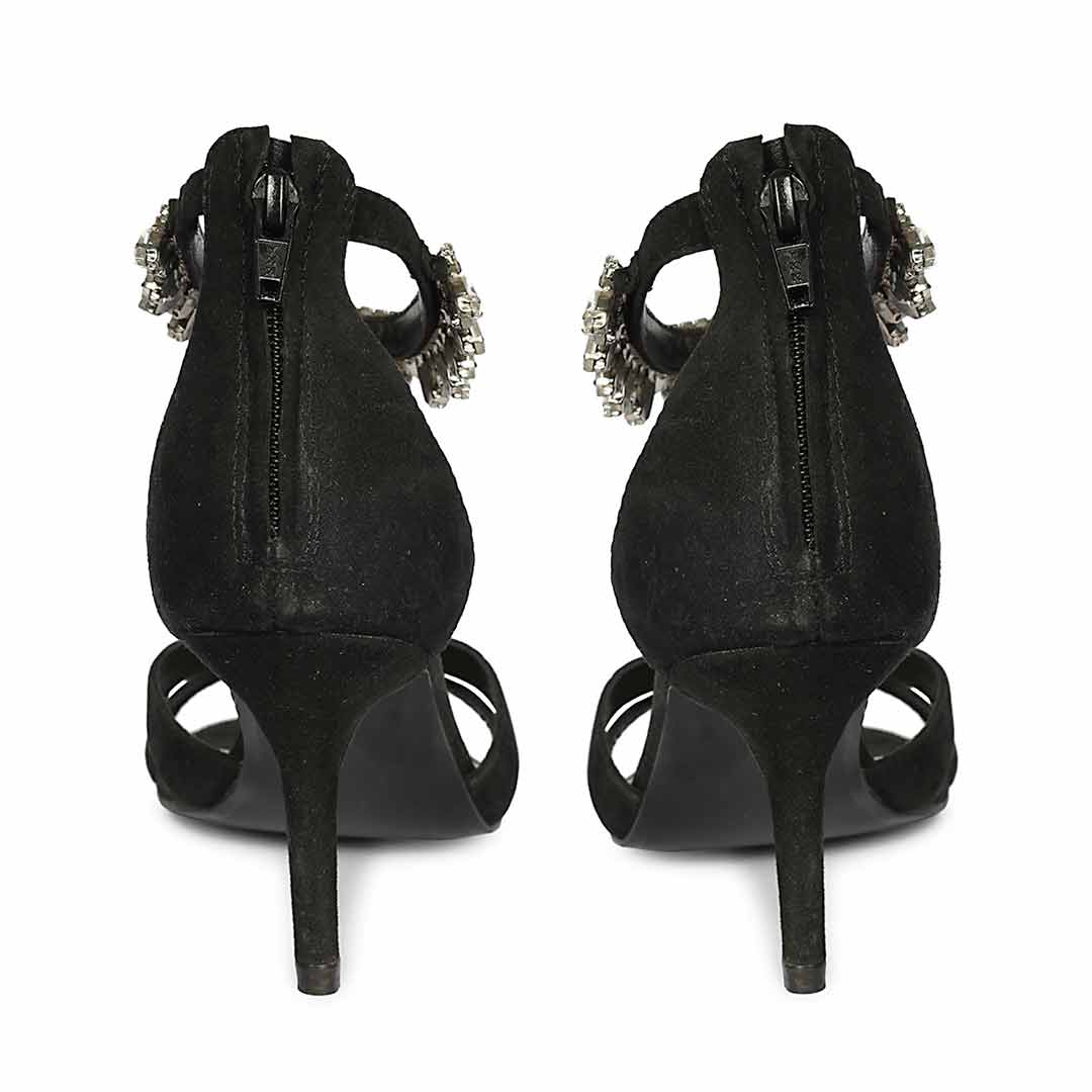 Saint Celestia Stone Embellished Black Leather Stilettos, back pair view