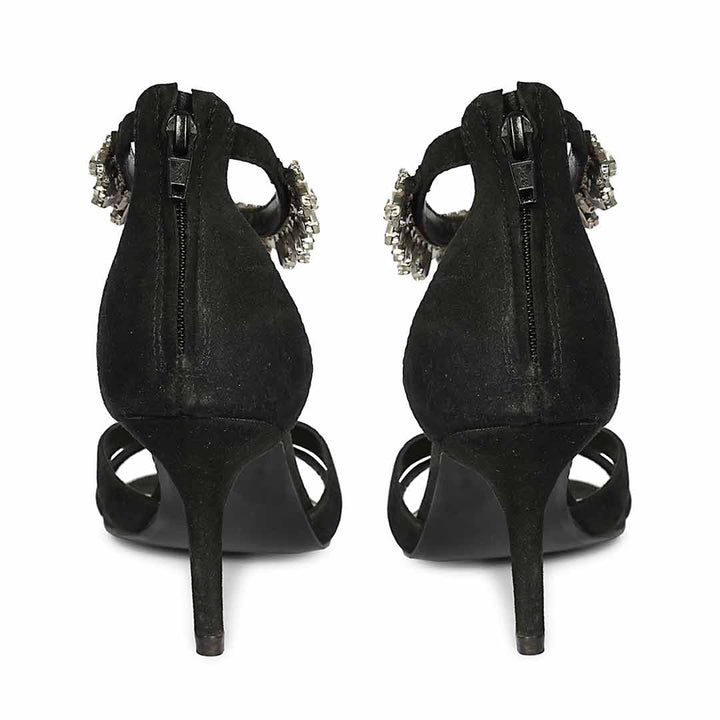 Saint Celestia Stone Embellished Black Leather Stilettos, back pair view
