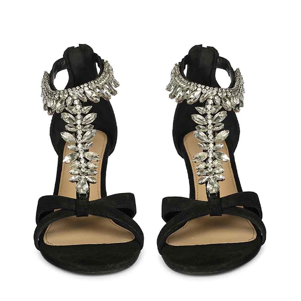 Saint Celestia Stone Embellished Black Leather Stilettos, front pair view