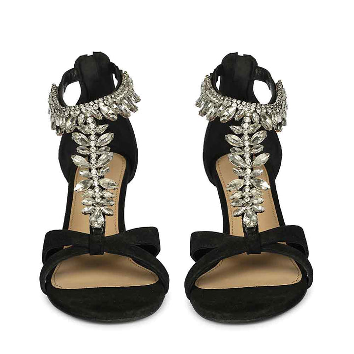 Saint Celestia Stone Embellished Black Leather Stilettos, front pair view
