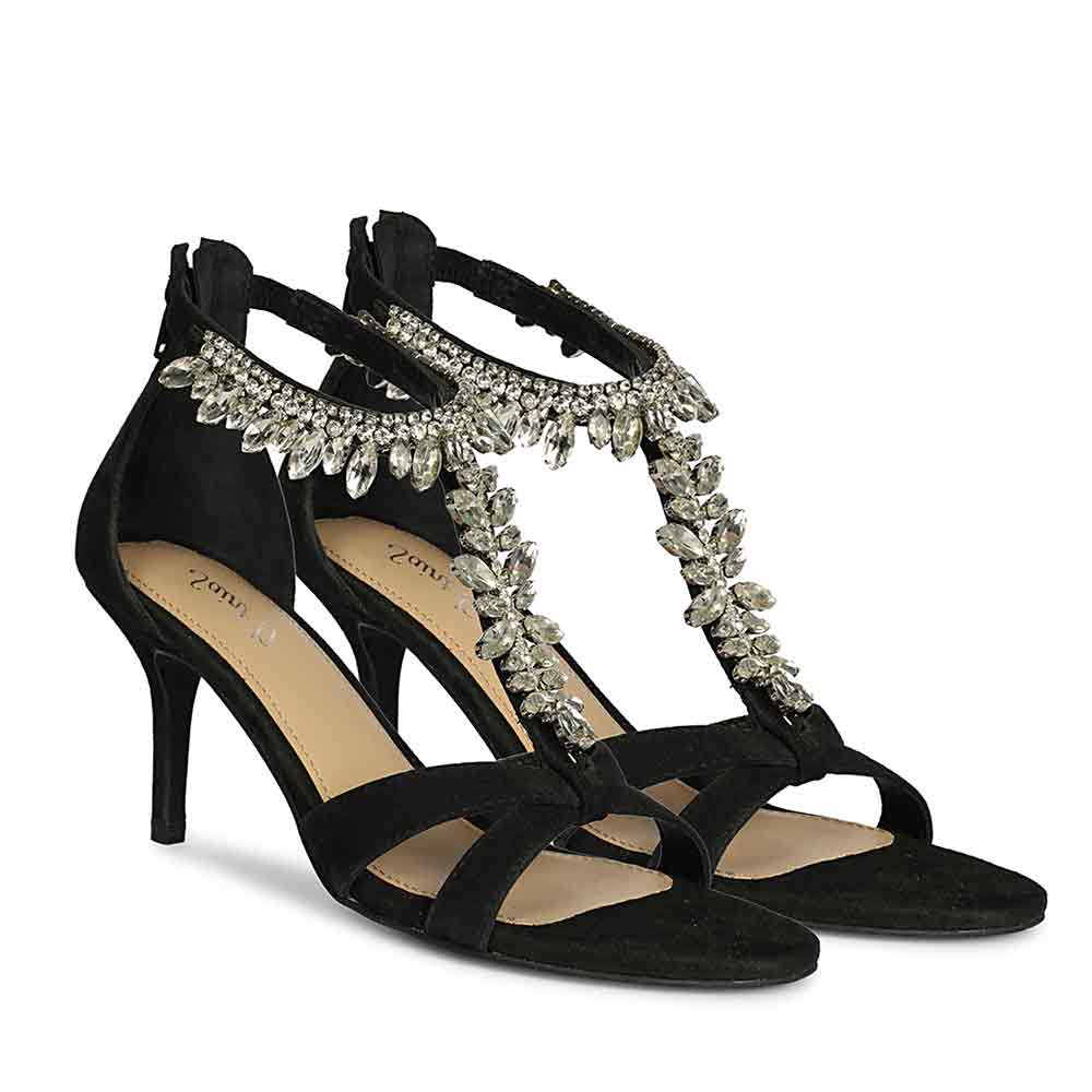 Saint Celestia Stone Embellished Black Leather Stilettos, pair view