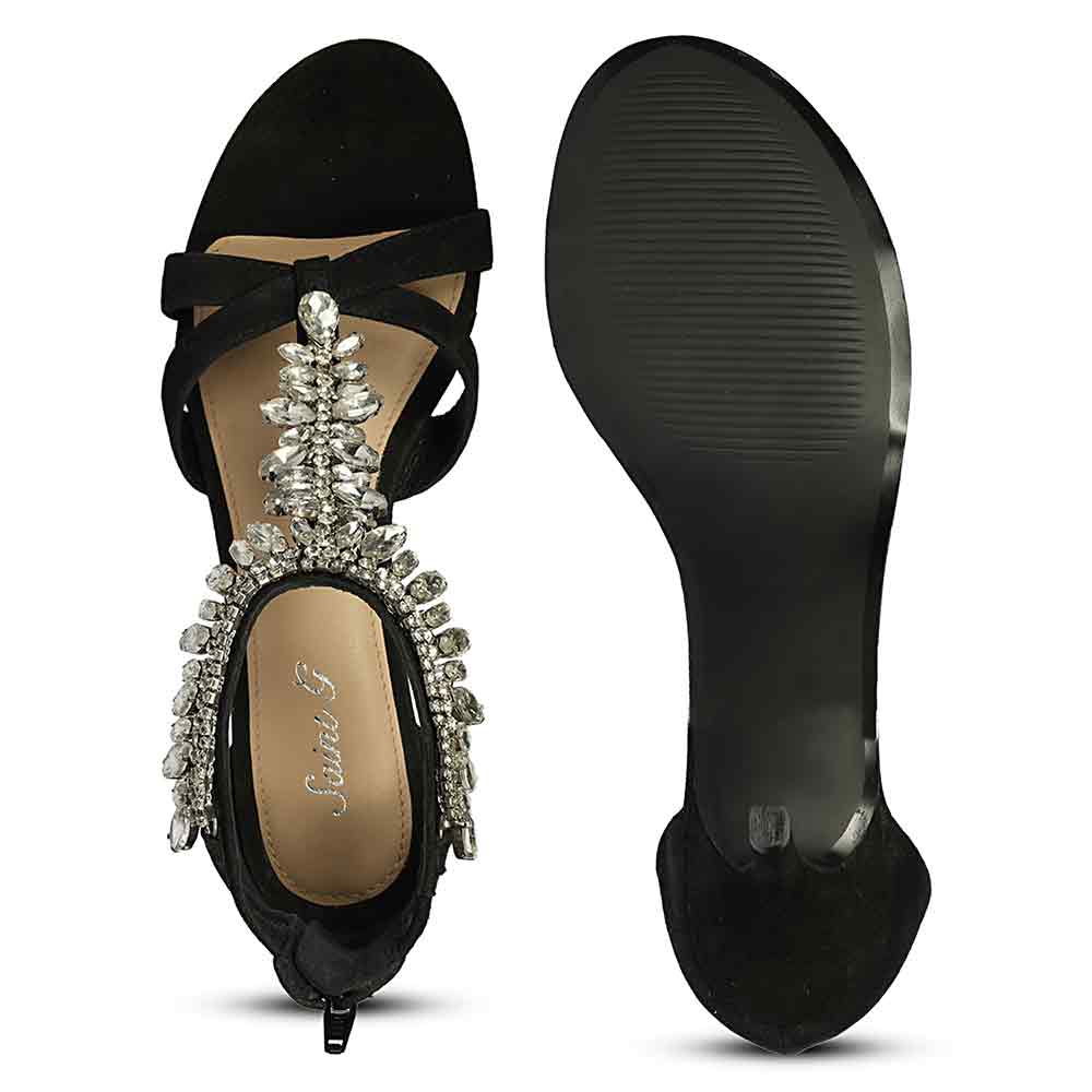 Saint Celestia Stone Embellished Black Leather Stilettos, sole view