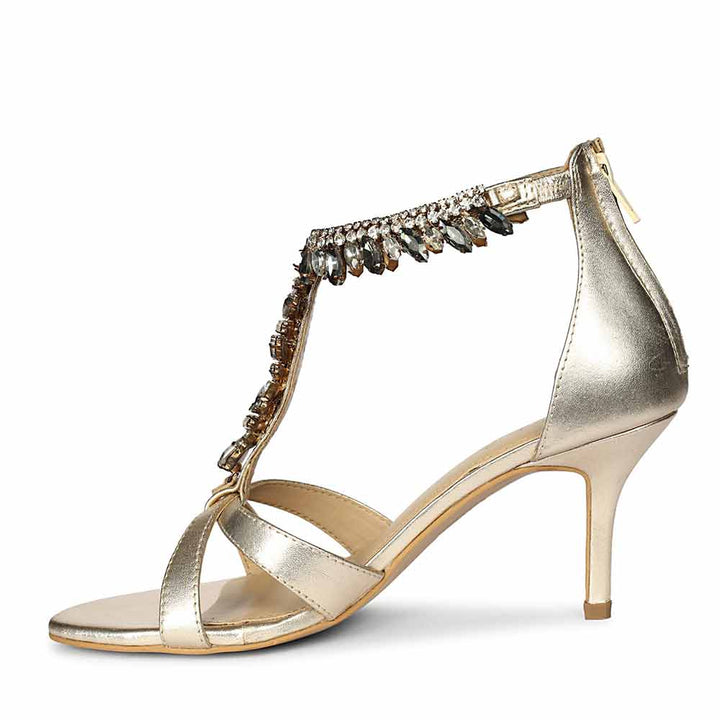 Saint Celestia Stone Embellished Gold Leather Stilettos, angled view