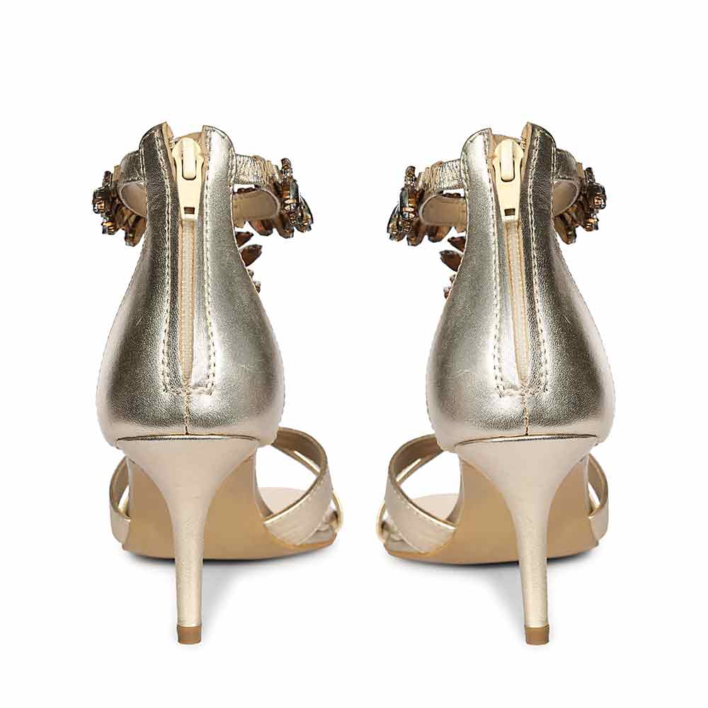 Saint Celestia Stone Embellished Gold Leather Stilettos, back pair view