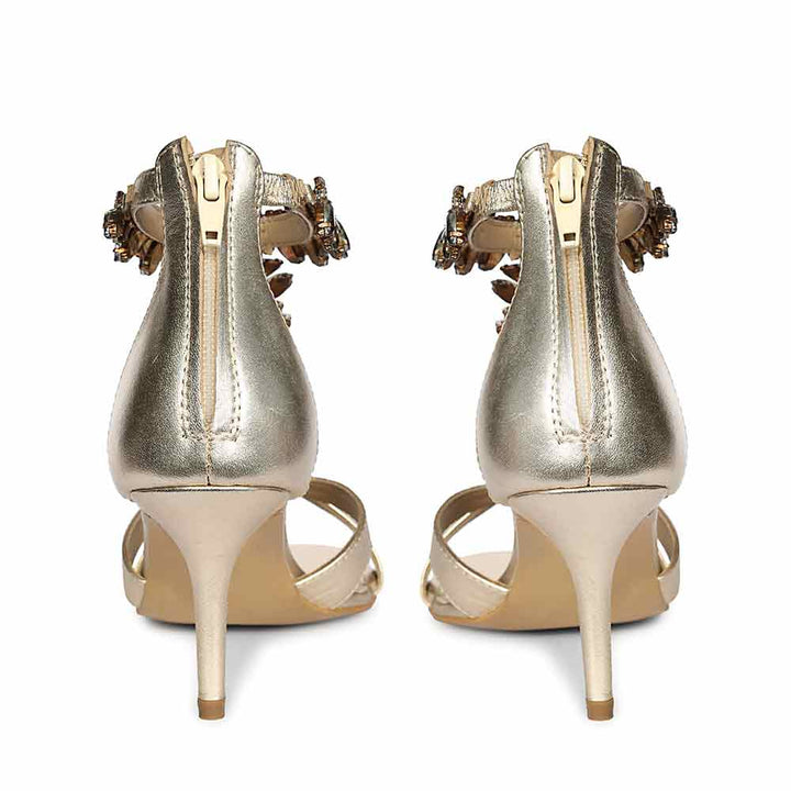 Saint Celestia Stone Embellished Gold Leather Stilettos, back pair view