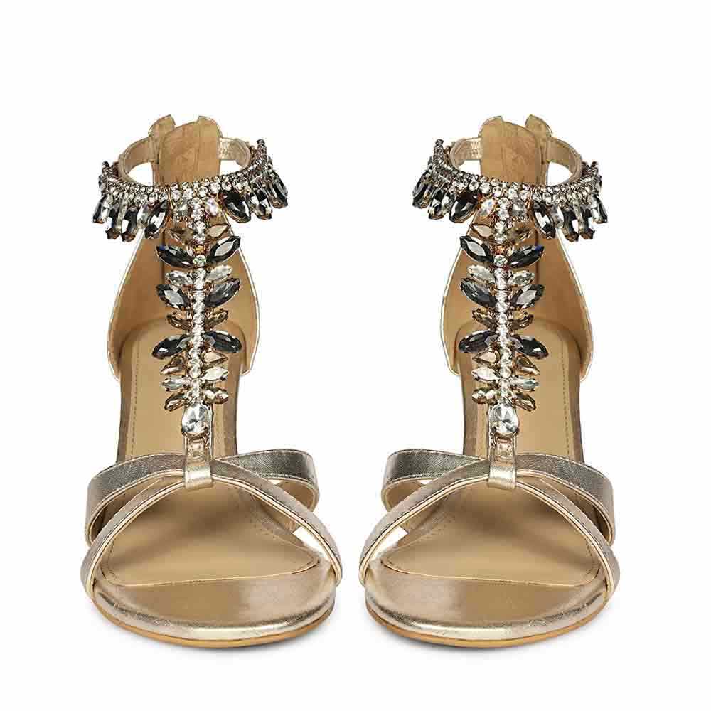 Saint Celestia Stone Embellished Gold Leather Stilettos, front pair view