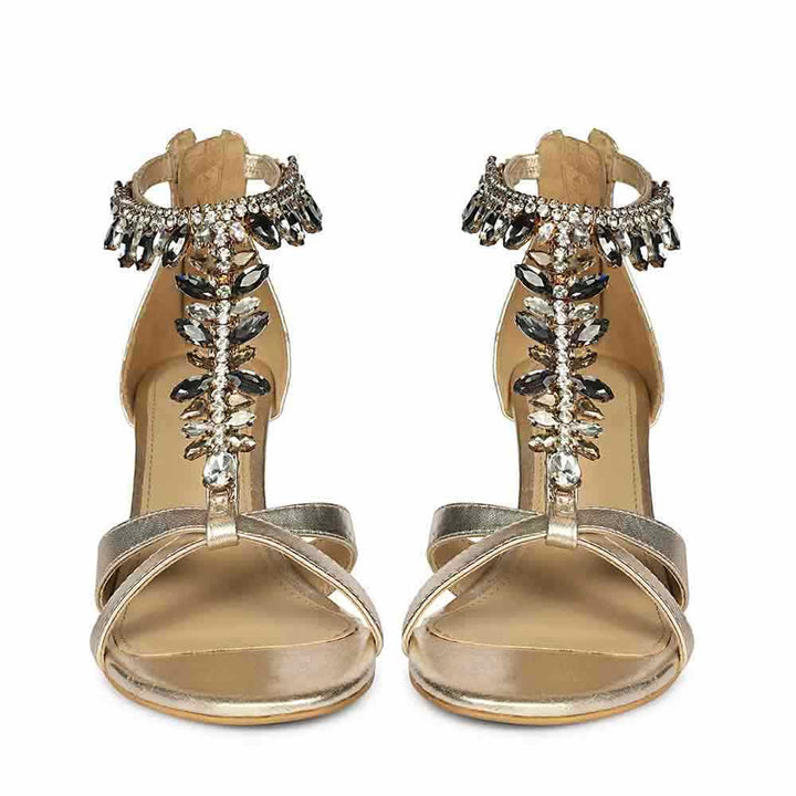 Saint Celestia Stone Embellished Gold Leather Stilettos, front pair view