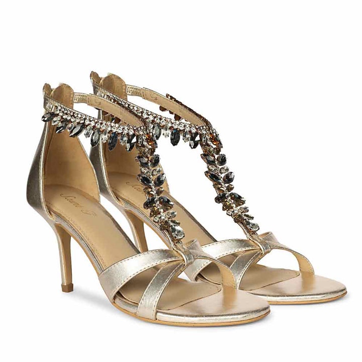 Saint Celestia Stone Embellished Gold Leather Stilettos, pair view