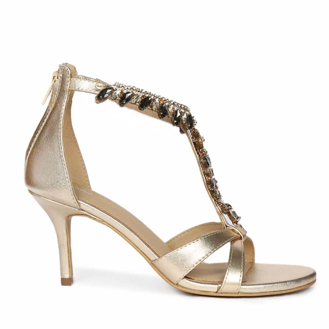 Saint Celestia Stone Embellished Gold Leather Stilettos, side view