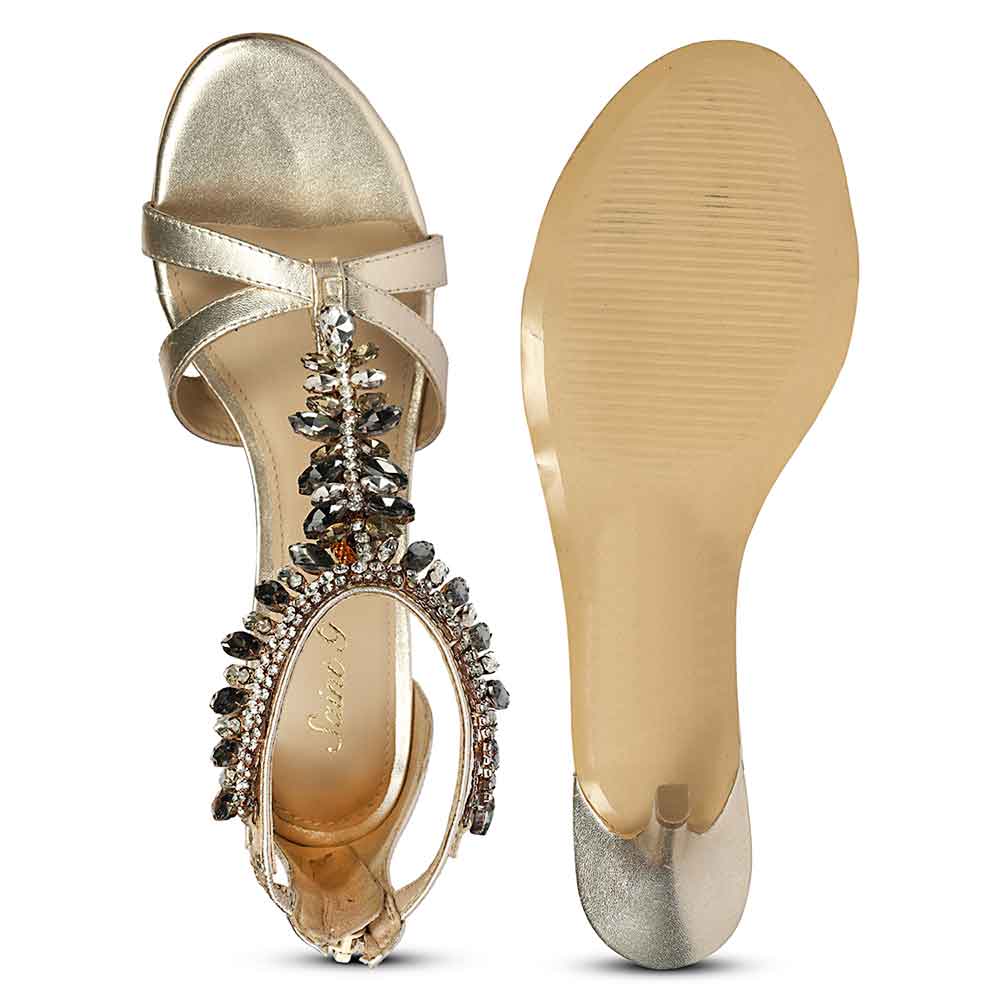 Saint Celestia Stone Embellished Gold Leather Stilettos, sole view