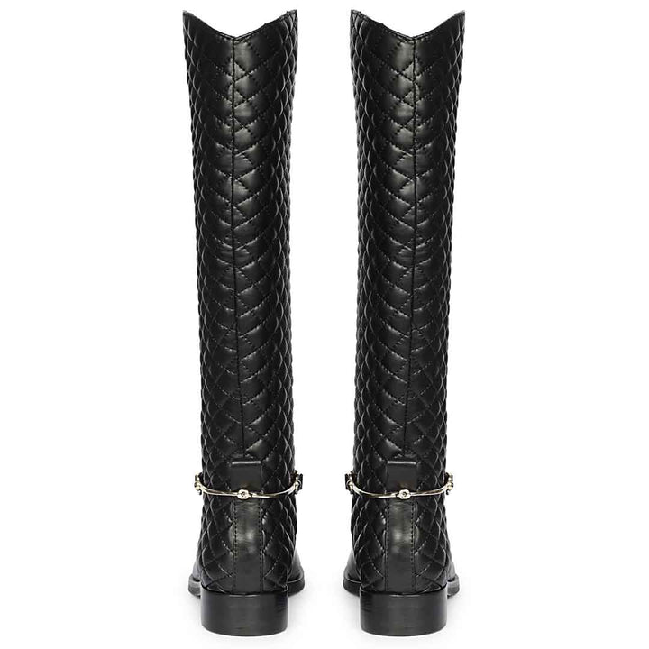 Saint Celestine black leather knee high boots, back pair view showing quilted pattern